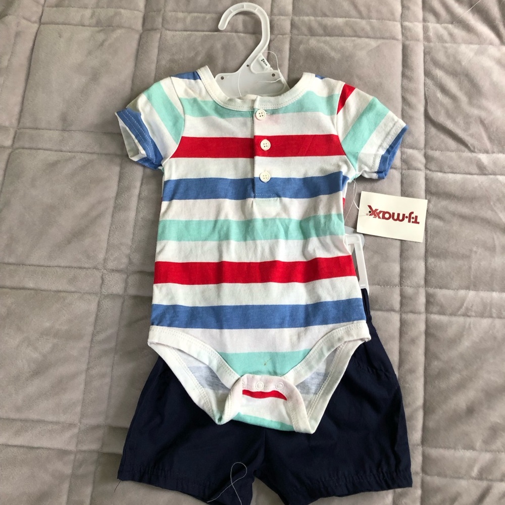 Bon Bebe Multicolor Striped Onesie with Navy Shorts